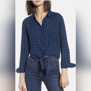 Rails Val Indigo Coast Blue Plaid western Tie Front linen blend Shirt Large